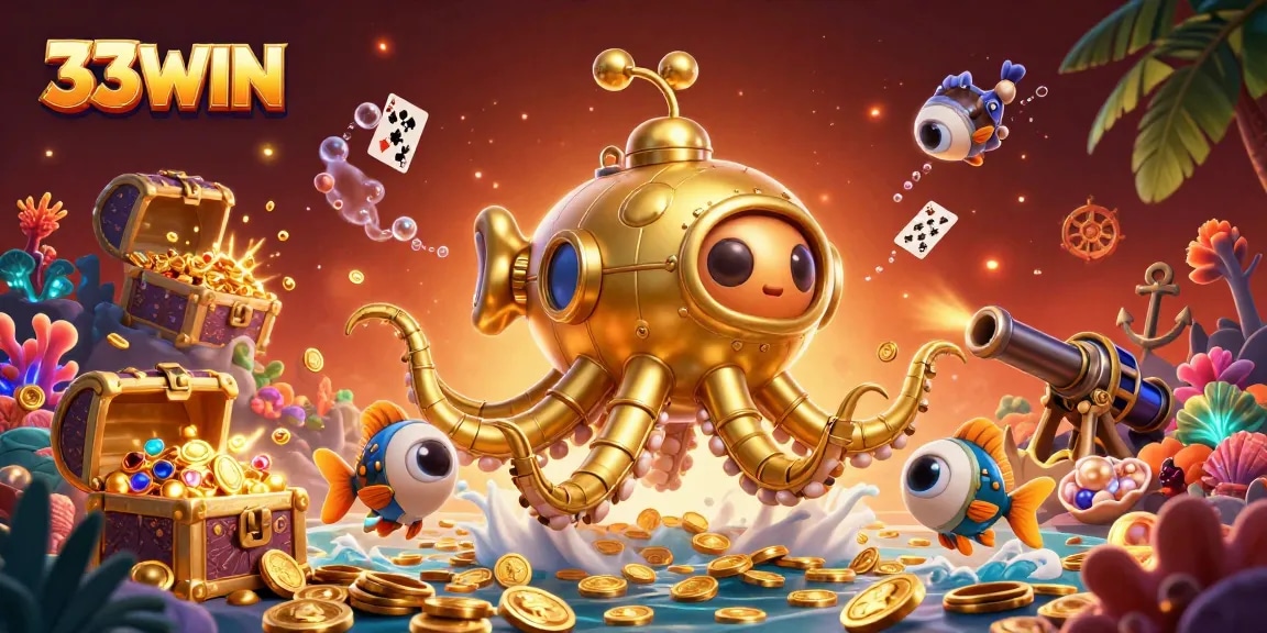 Experience the thrill of 33WIN with a golden kraken submarine amidst treasure, cards, and casino excitement.