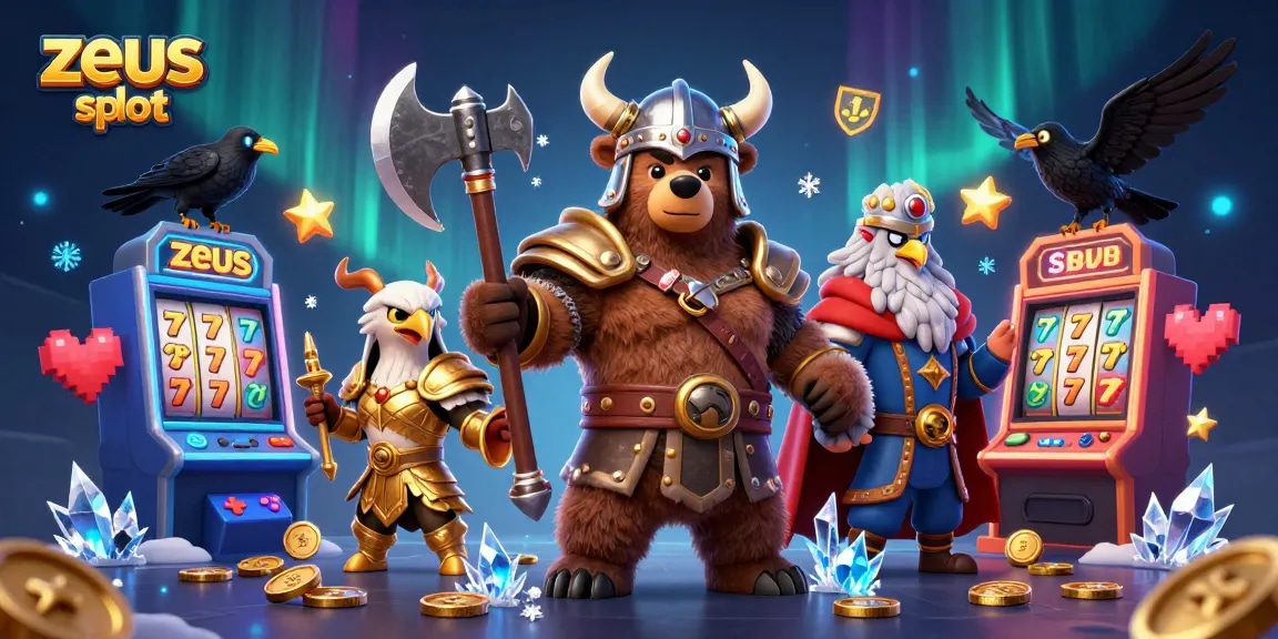 Experience exciting zeus slot gameplay with a Viking berserker and Valkyrie in a colorful casino setting.