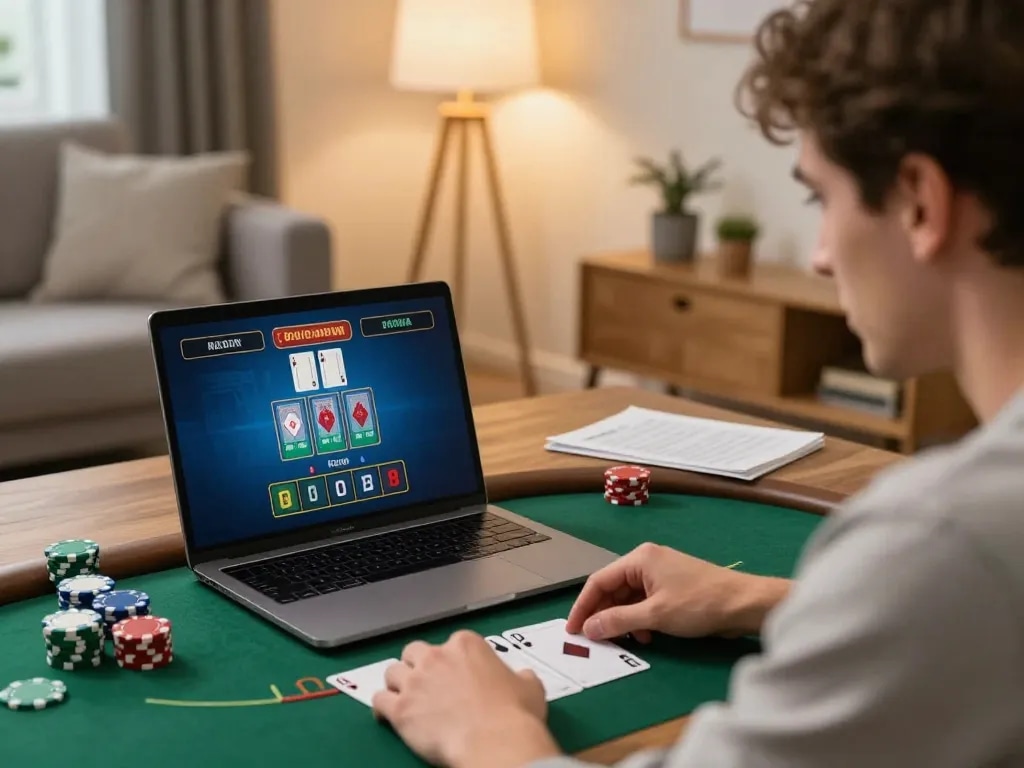Player immerses in online blackjack at home, showcasing kkwin gaming experience amid strategic notes and ambient lighting.