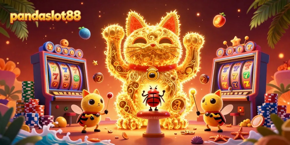 Permainan menarik di pandaslot88 dengan simbol slot yang menggiurkan dan karakter bahagia.