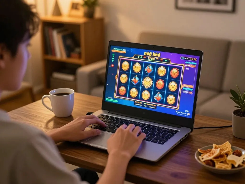 Engaging in nổ hũ mb66 online slots in a cozy home environment, showcasing vibrant graphics and immersive gameplay.