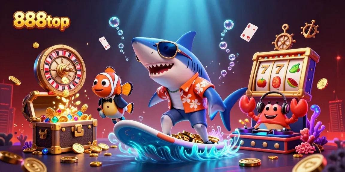 Experience thrilling casino action at 888top with a vibrant aquatic illustration featuring dynamic gaming elements.
