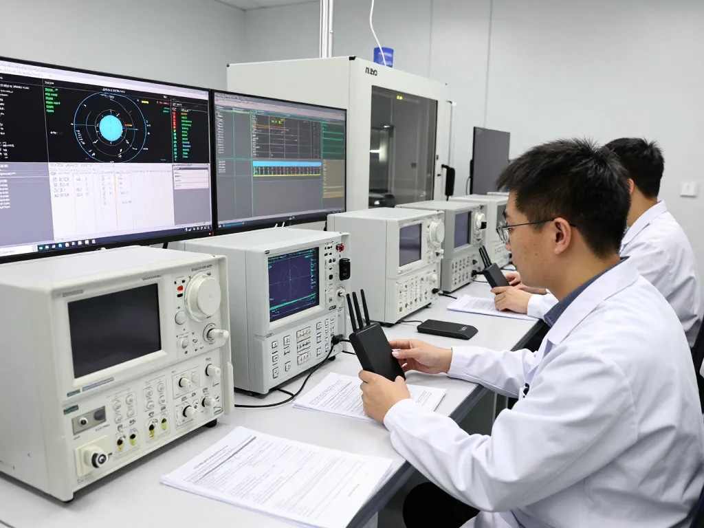 Engineers ensuring FCC compliance in advanced EMC testing lab.