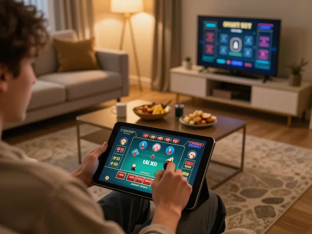 Engaging in game tài xỉu on a tablet within a cozy online gaming setup, highlighting strategic moments in a relaxed atmosphere.