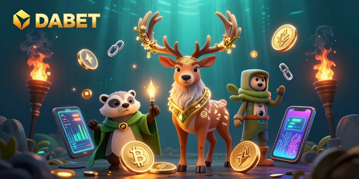 DABET enhances gameplay with a Celtic druid stag and wise badger amidst vibrant crypto elements.