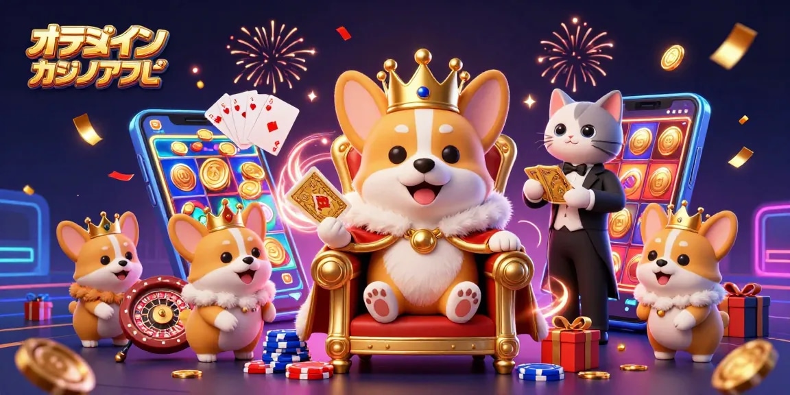 オンラインカジノ アプリを楽しむコーギーの王様とキャットバトラー。