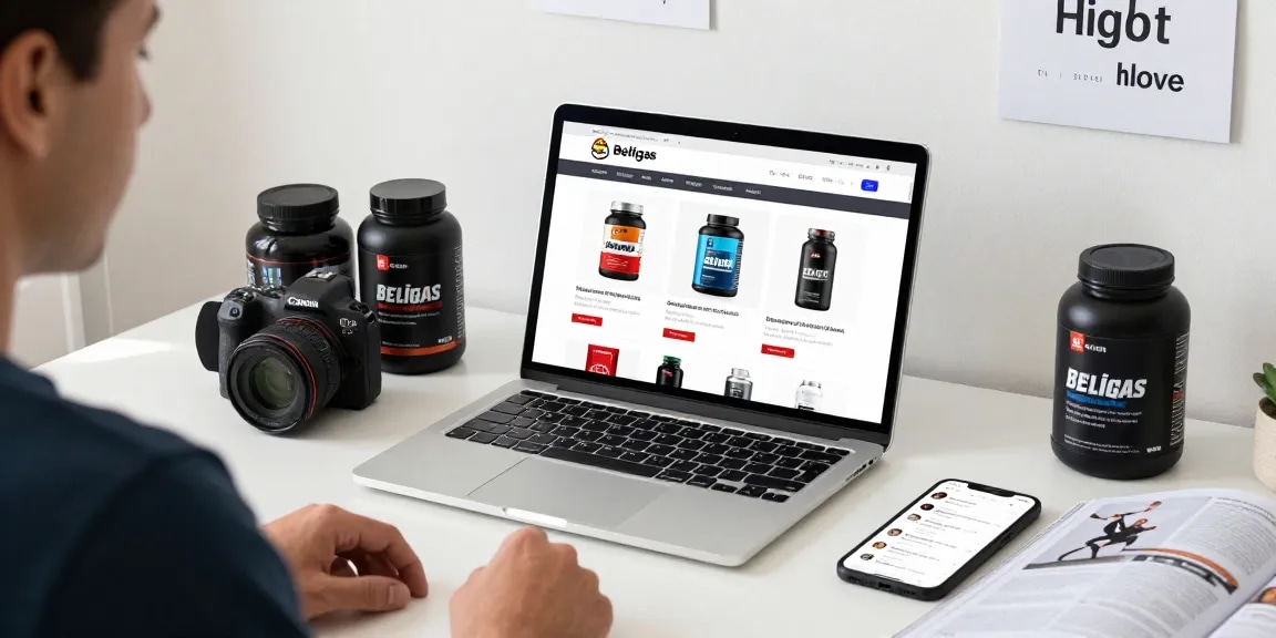 Beligas Shop user browsing anabolic steroids online in a modern workspace.