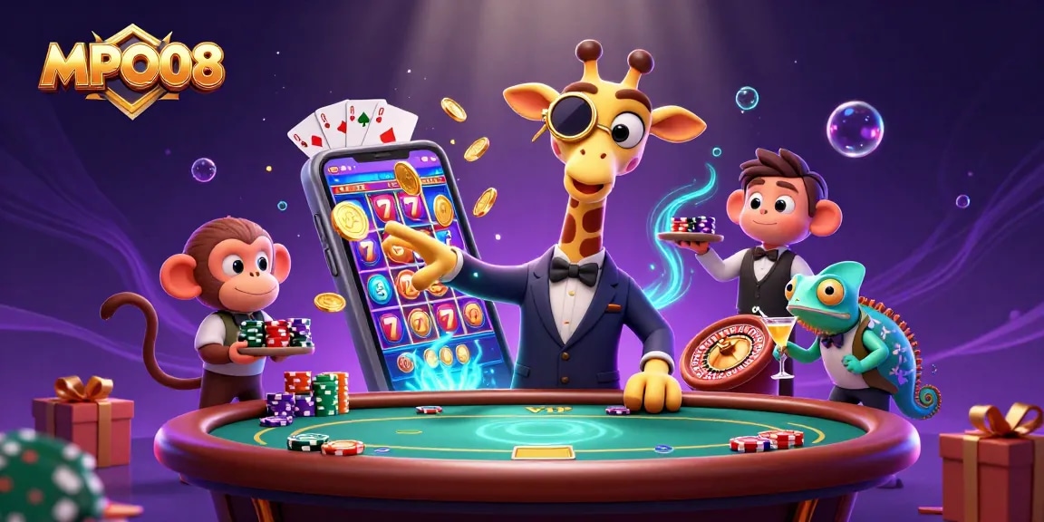 MPO08's vibrant casino scene features a cartoon giraffe, monkey valet, and chameleon bartender amid colorful slots and poker elements.