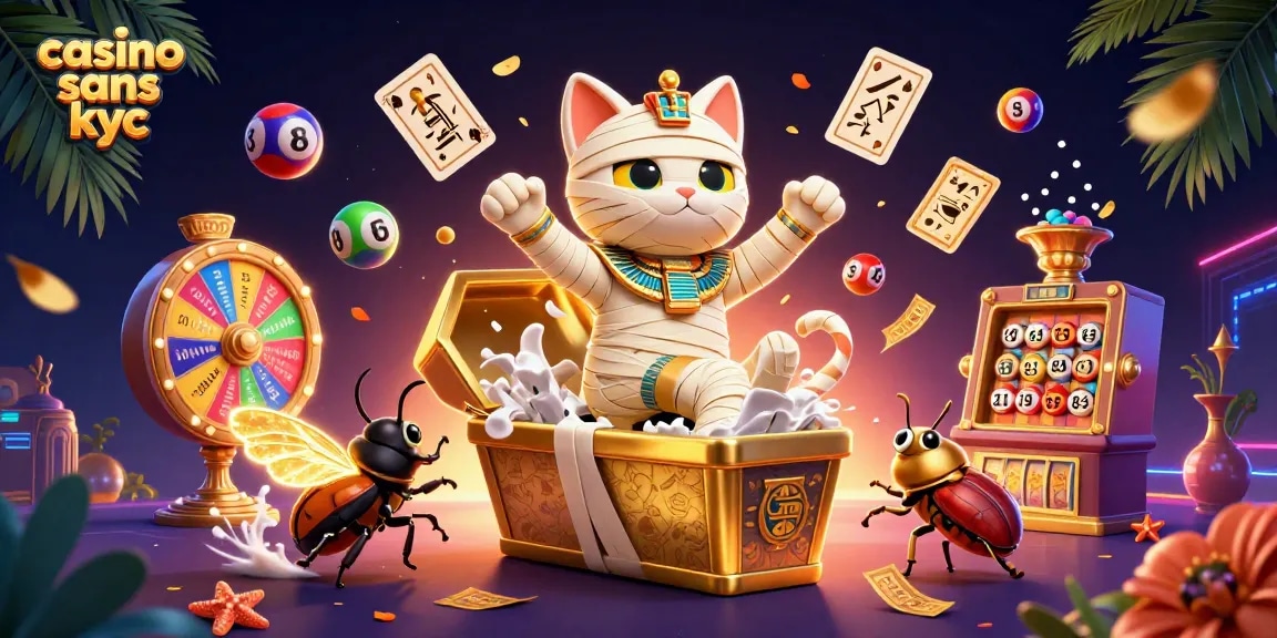 Jouer au casino sans KYC avec des éléments de jeu colorés et un chat momie dynamique.