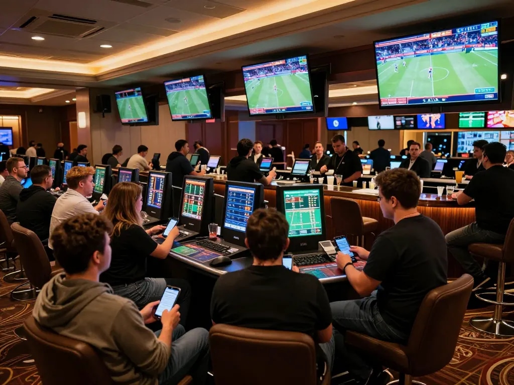 Bettors engaging in live sports betting at Bugatti8, analyzing odds with mobile devices in a vibrant casino setting.