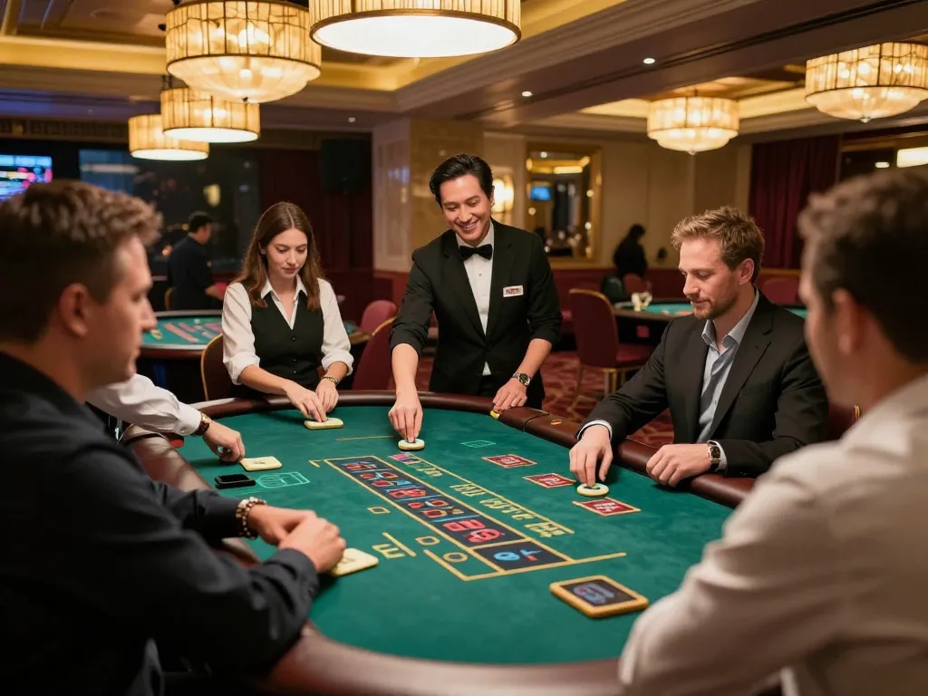 Các người chơi tham gia trải nghiệm m88 mới nhất hôm nay tại một bàn blackjack cao cấp trong một sòng bạc sang trọng.
