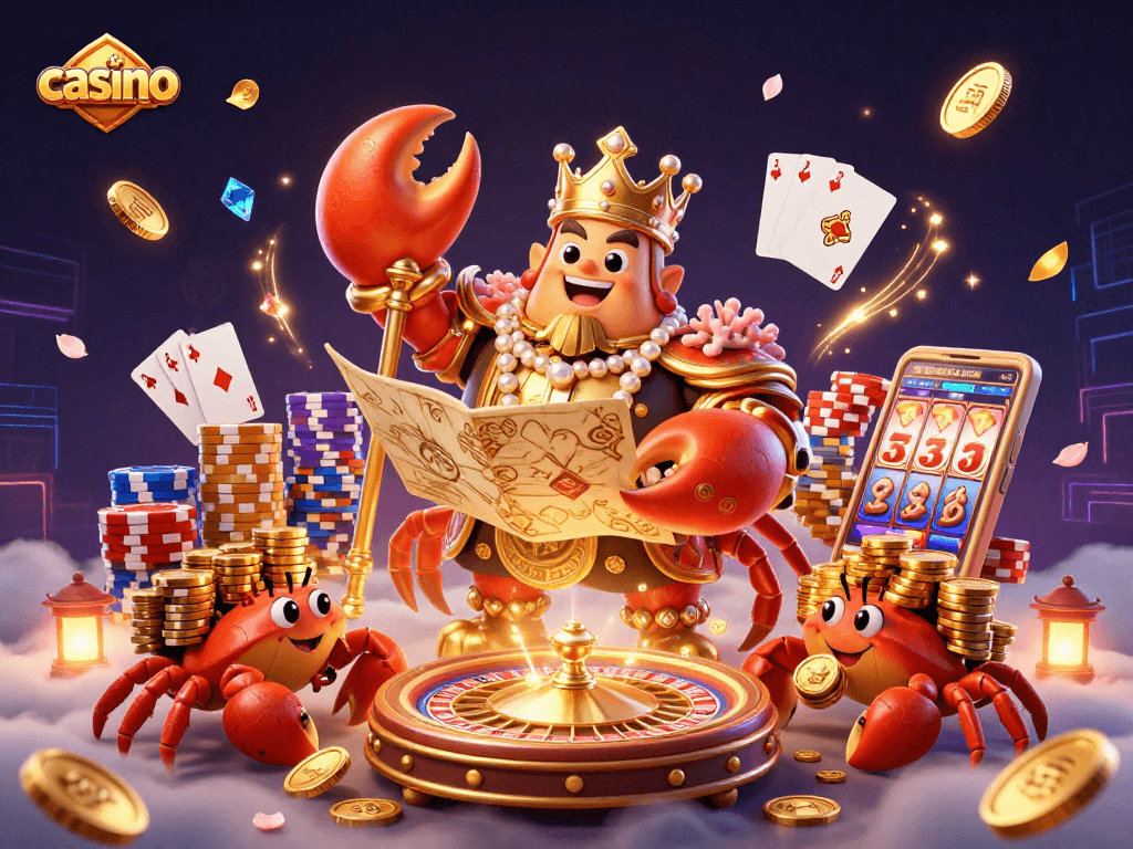 Engage in thrilling casino adventures with a golden crab emperor leading the way amidst vibrant elements.