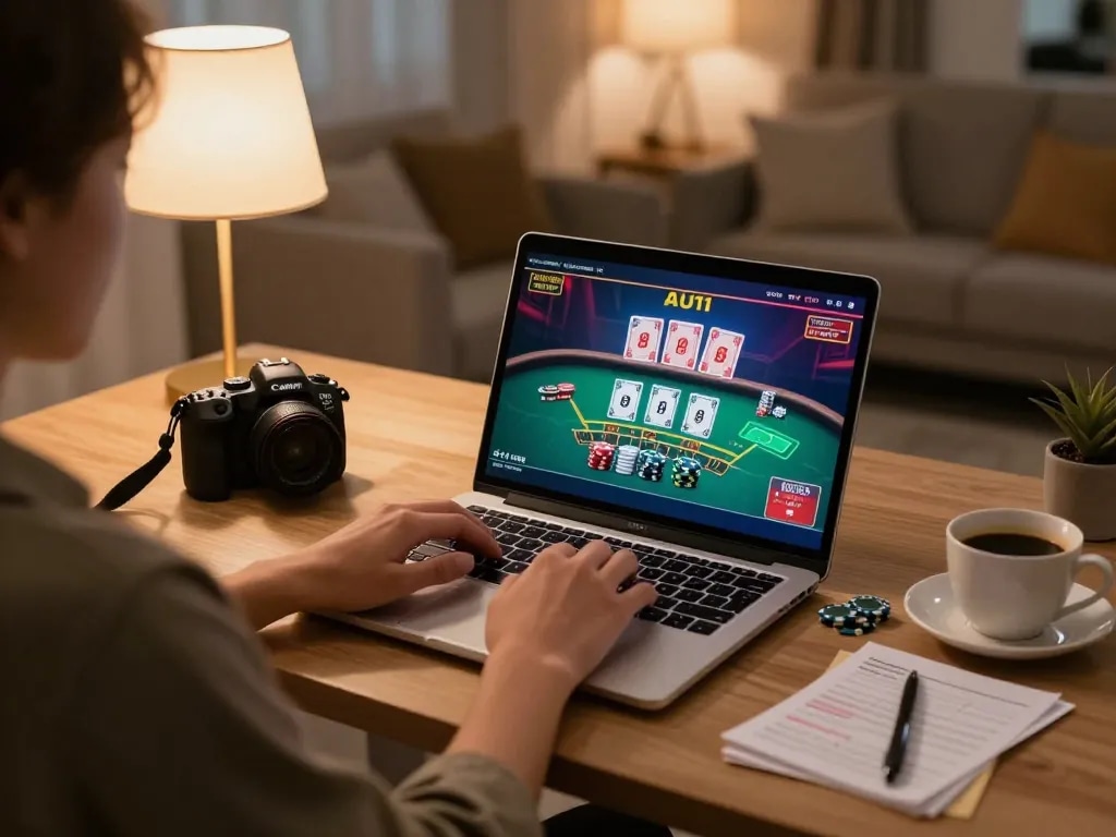 Person engaging in online gambling at home, exploring nhacaiuytinn for strategic game insights.