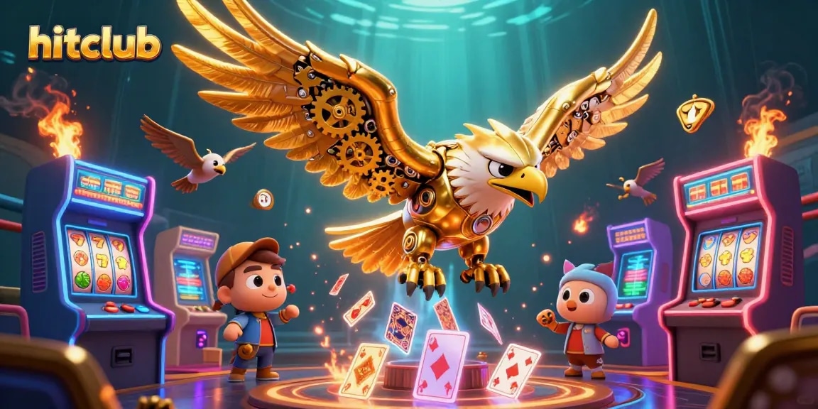 Experience the hitclub jackpot with a golden eagle soaring through casino-themed arcade elements.