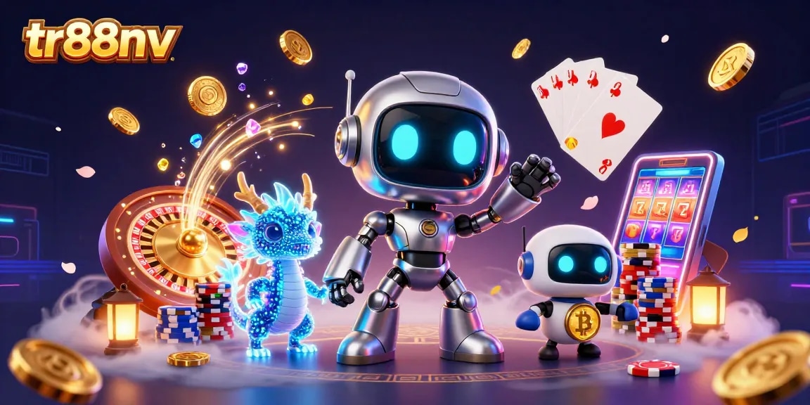 Engage with tr88nv's vibrant 3D casino adventure featuring neon robots and dazzling game elements.