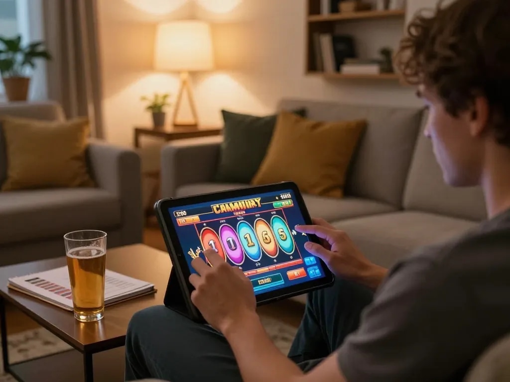 Engaged player spinning slot reels on tablet, showcasing online gaming excitement and comfortable home setting
