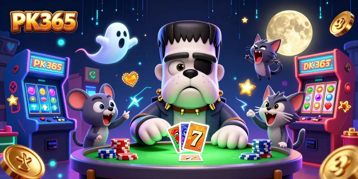 Experience the excitement of PK365 with the Frankenstein bulldog dealer and vibrant casino elements.