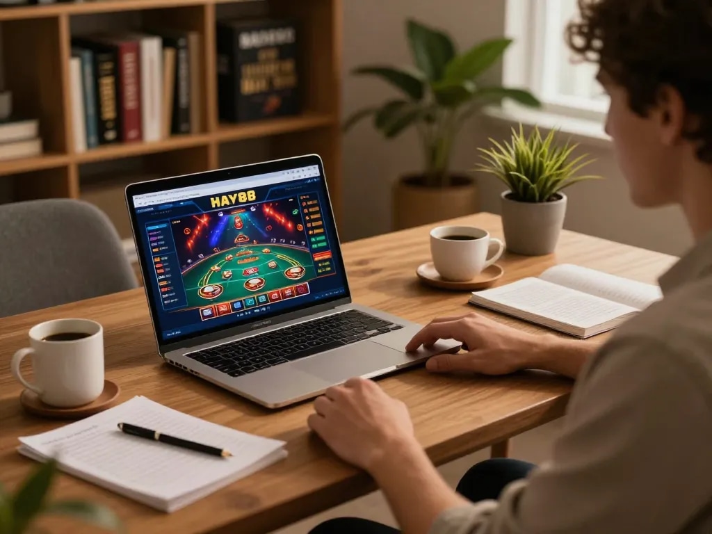 Engaged player enjoying HAY88x online casino on laptop in a cozy home setting.
