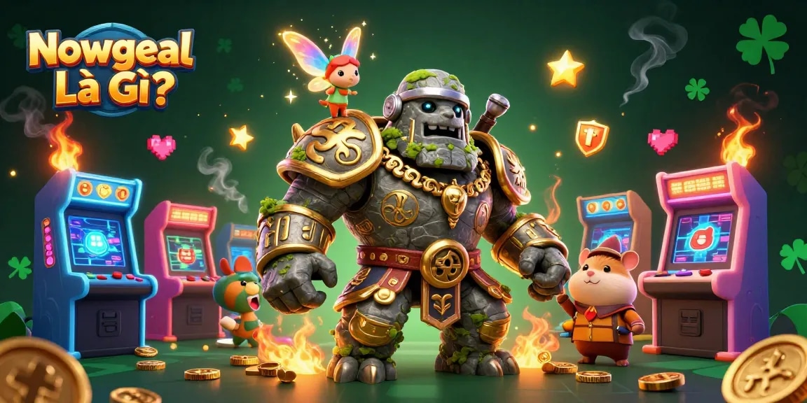 Experience Nowgoal Là Gì? with a dynamic 3D illustration showcasing gambling elements and vibrant characters.