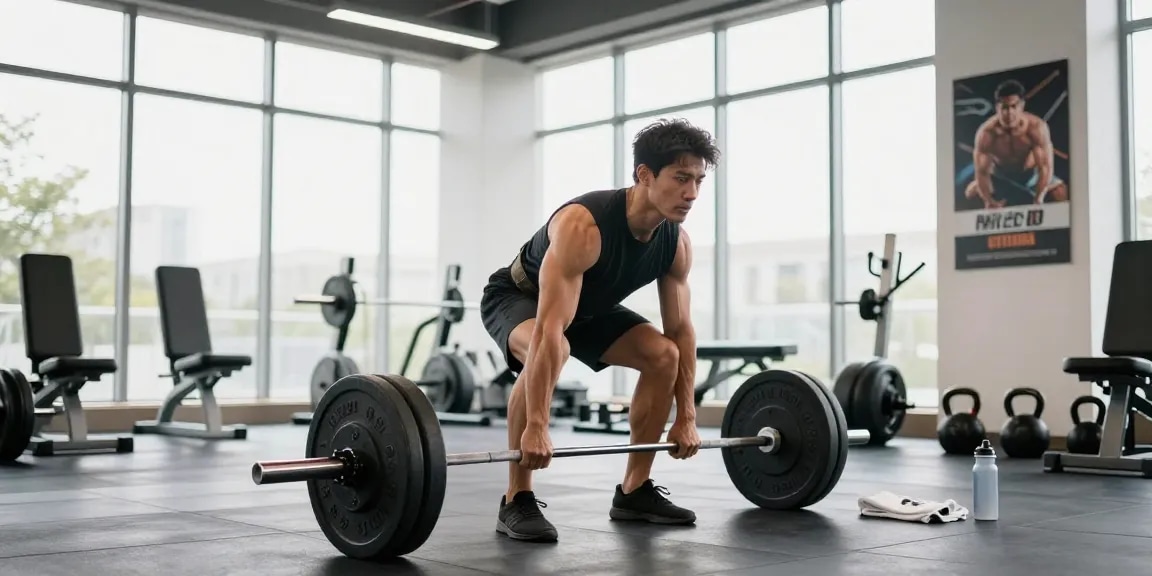 Anabolika-Shop: Kraftsportler beim Training mit Gewichten in modernem Fitnessstudio, umgeben von Sportgeräten.