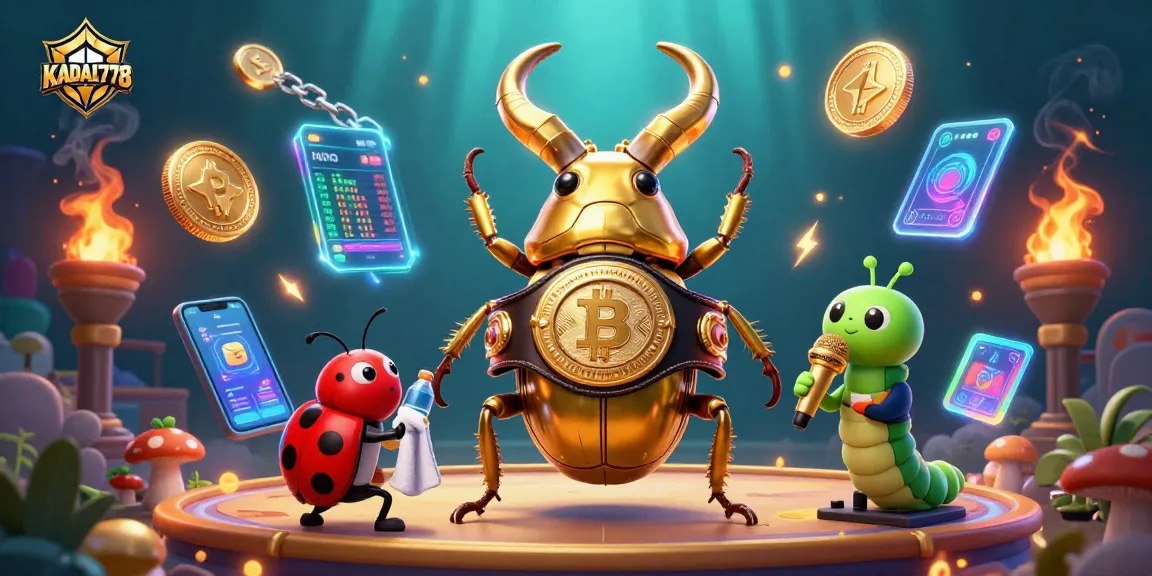 KADAL778 showcases an exciting 3D scene with a golden stag beetle champion surrounded by vibrant casino elements.