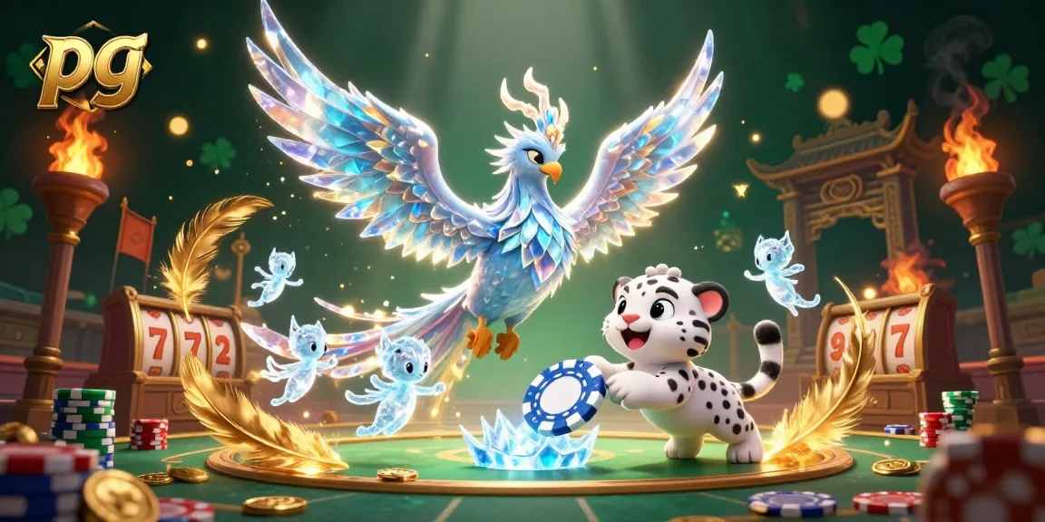 Engage with pg's unique ice-themed casino adventure featuring a phoenix and playful cub amidst vibrant gambling elements.