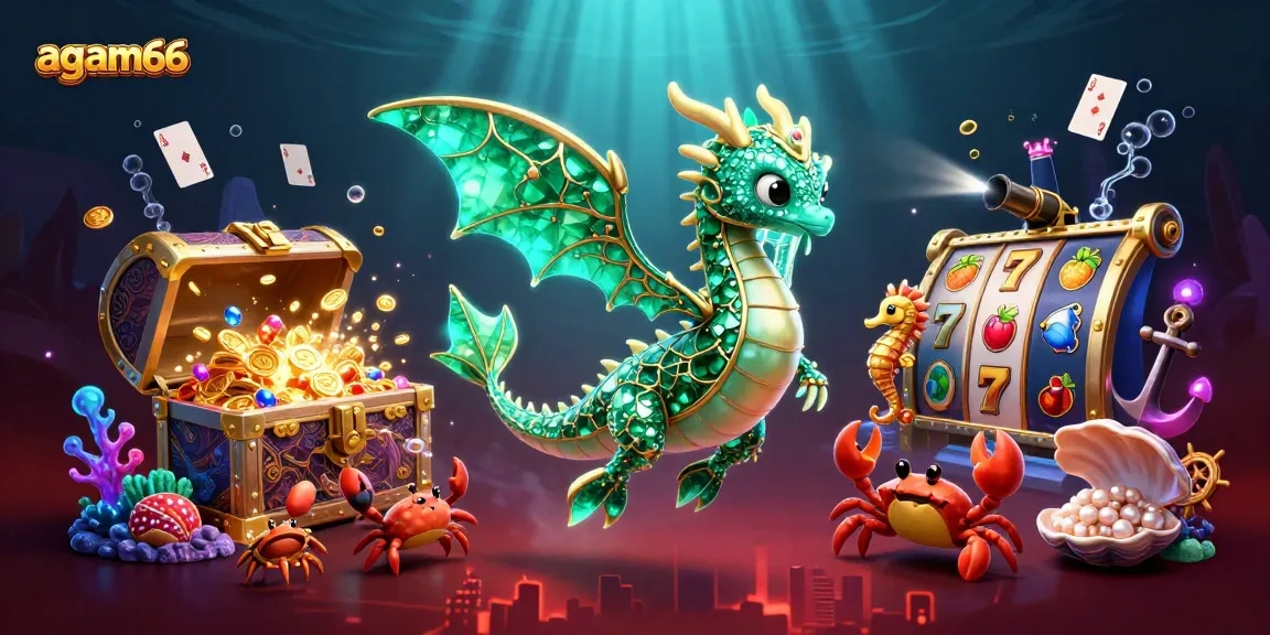 Experience high-stakes fun with agam66 in this vibrant 3D casino illustration featuring slot reels and a victorious sea dragon.