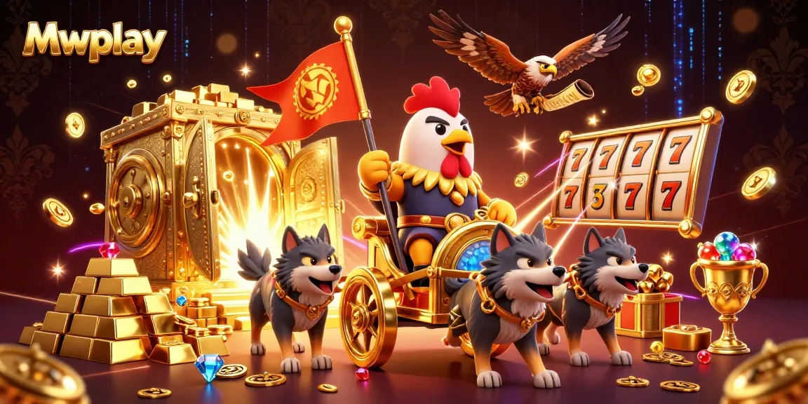 Experience the thrill of Mwplay with an energetic 3D illustration of casino games and characters.