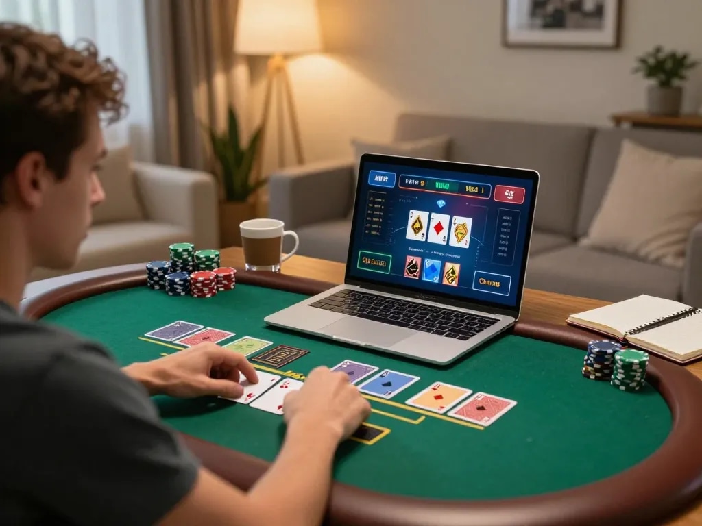 Player enjoying an online blackjack game with nn888 on a laptop in a cozy home setting.