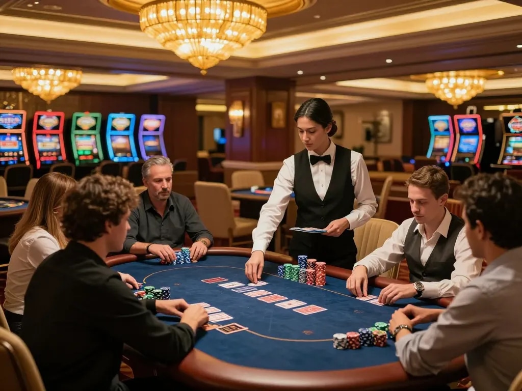 Players enjoying a VIP poker game at a casino with high-stakes excitement and elegant decor, vipwin gaming experience.