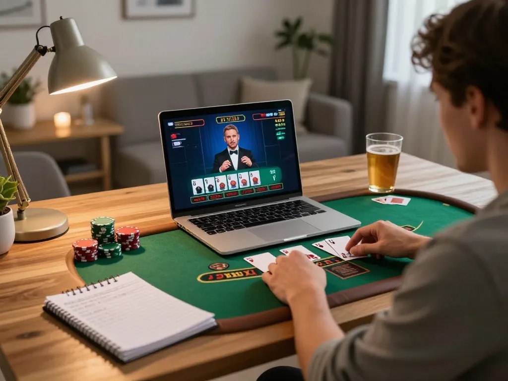 uu88 player strategizing during live dealer blackjack game on laptop in cozy home setting