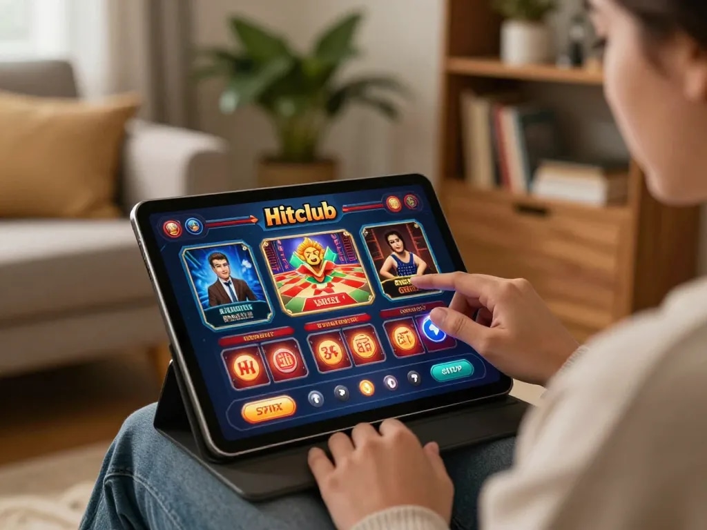Hitclub player engaged in online gaming on a tablet in a cozy living room setting.