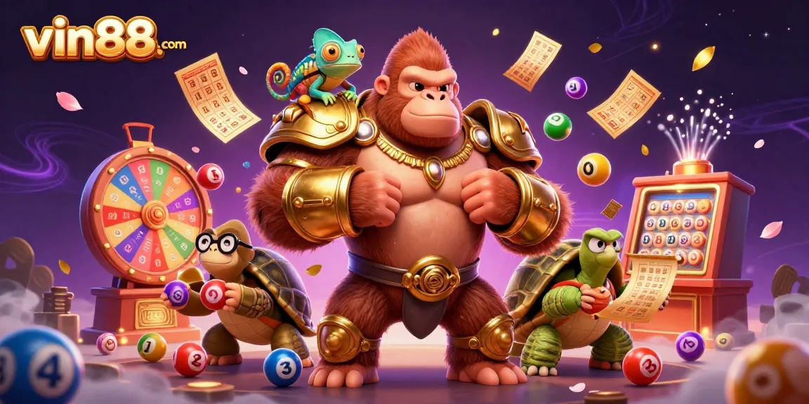 Engage in thrilling games at vin88. com with vibrant casino elements and cheerful characters.
