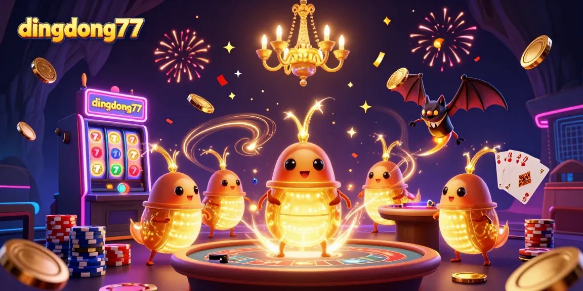 Experience the vibrant world of dingdong77 with glowworms in a lively 3D casino scene.