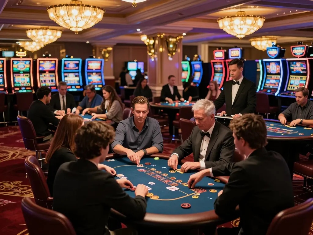 Players immersed in high-stakes gaming at LLwin casino during an exciting night