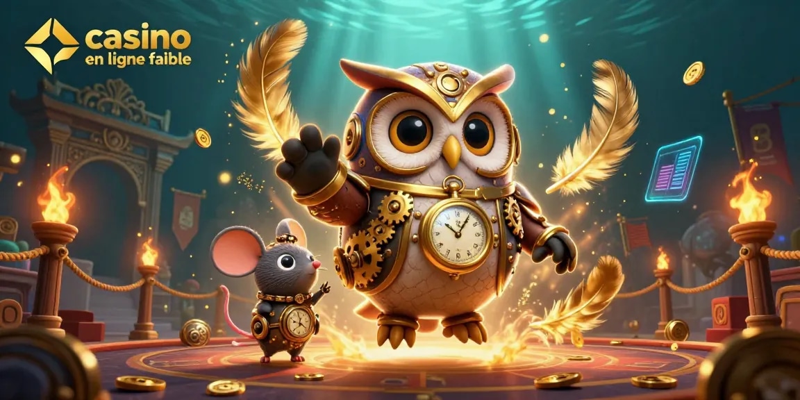 Engaging illustration of casino en ligne fiable concepts depicted by a steampunk owl and mouse in a vibrant casino scene.