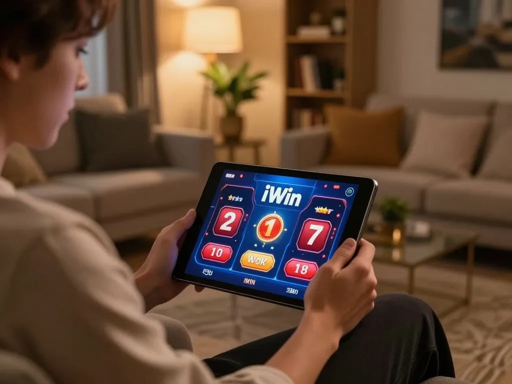 Playing iWin casino games on a tablet in a cozy, stylish home environment.