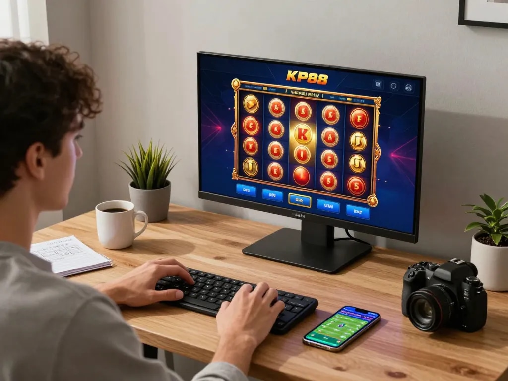Player engaging with KP88's casino app at home, showcasing online gambling strategies and immersive gameplay.
