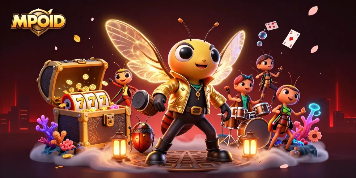 MPOID showcases a vibrant 3D casino scene with rock star characters amidst slot reels and treasures.