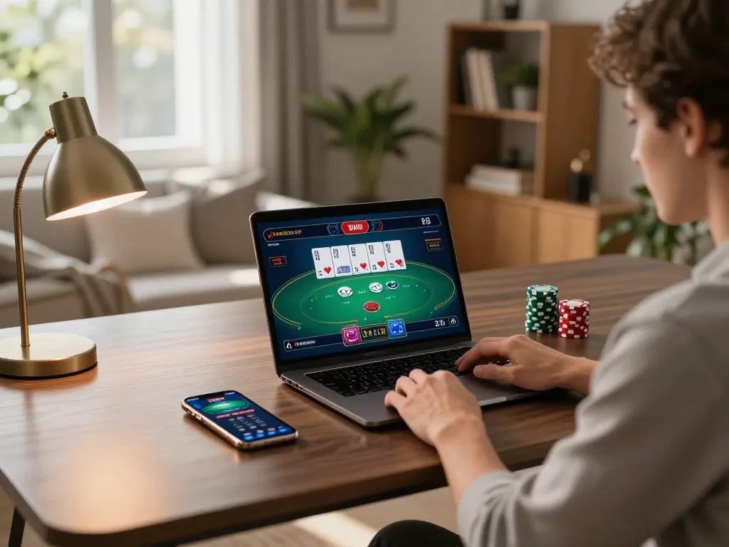 Engaging with online poker at home, featuring 98win on laptop and smartphone, capturing a responsible gambling moment.