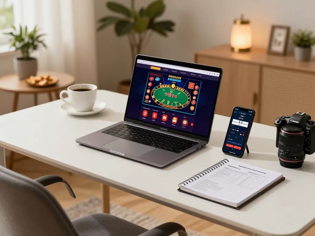 Engaging online gambling with nhà cái 388bet on laptop and strategic notes in a cozy home setting.