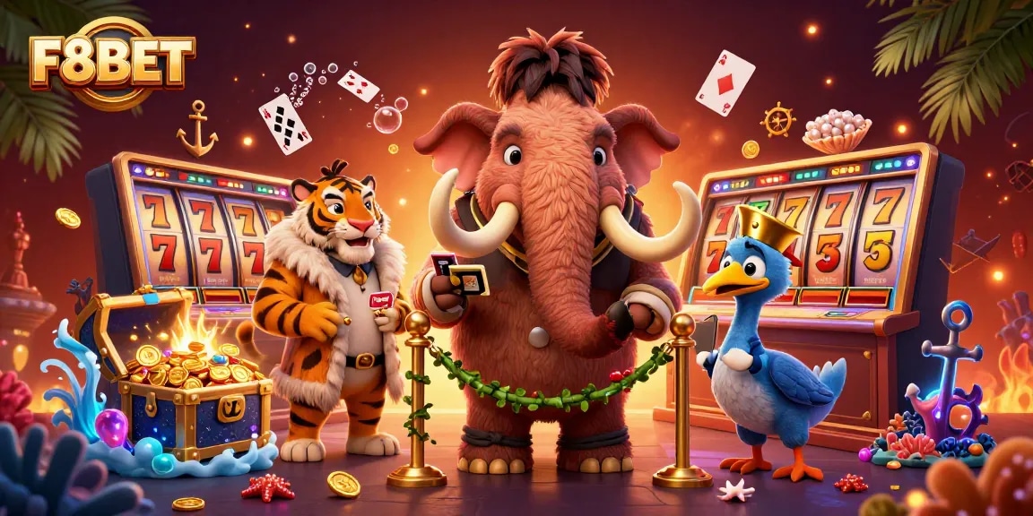 Experience high-stakes gameplay at F8BET with our vibrant casino scene featuring a bouncer and colorful game elements.