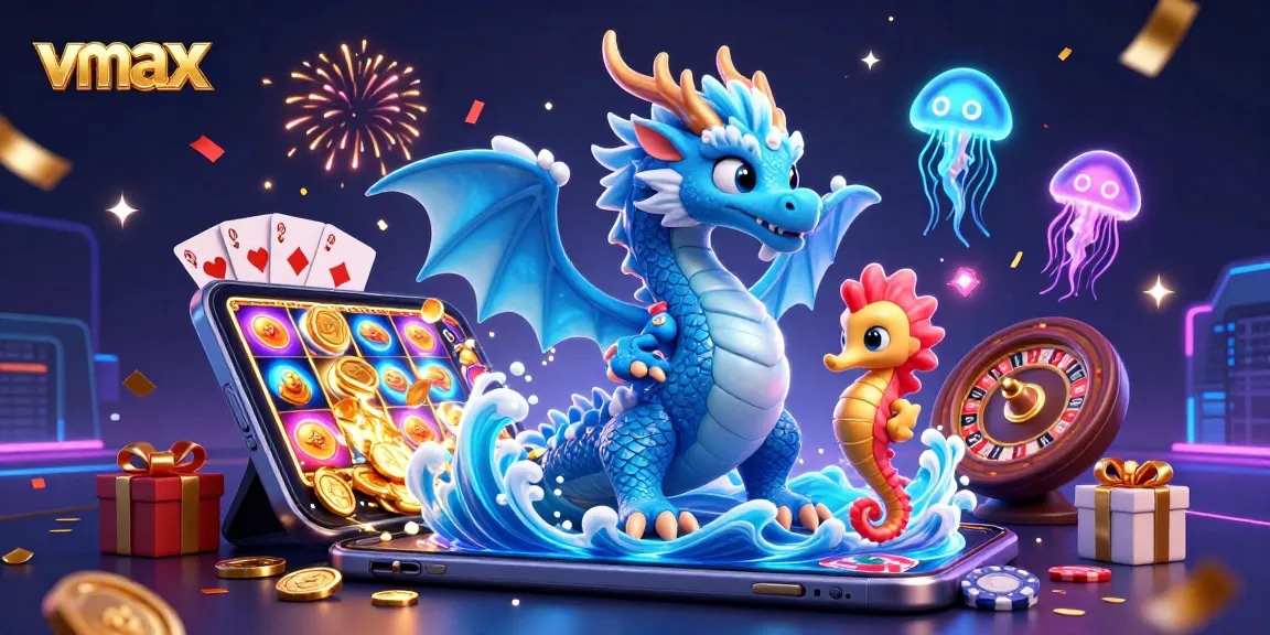 Experience thrilling wins with vmax gaming in this vibrant 3D casino illustration.