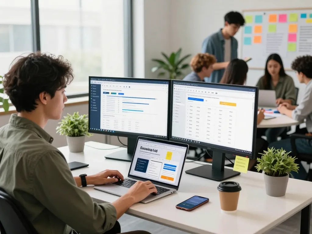 Marketer optimizing meta whitelisted ad accounts rent in modern workspace with dual monitors displaying analytics.