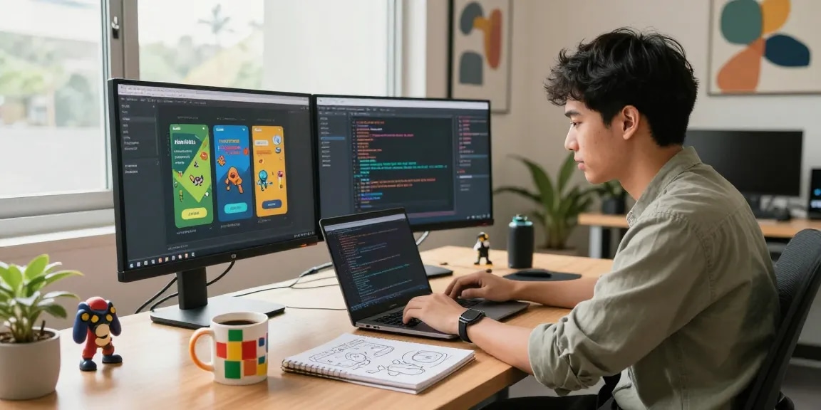 bd188 - Modern na workspace ng developer na nag-code ng mga mobile game sa isang minimalistic na opisina.