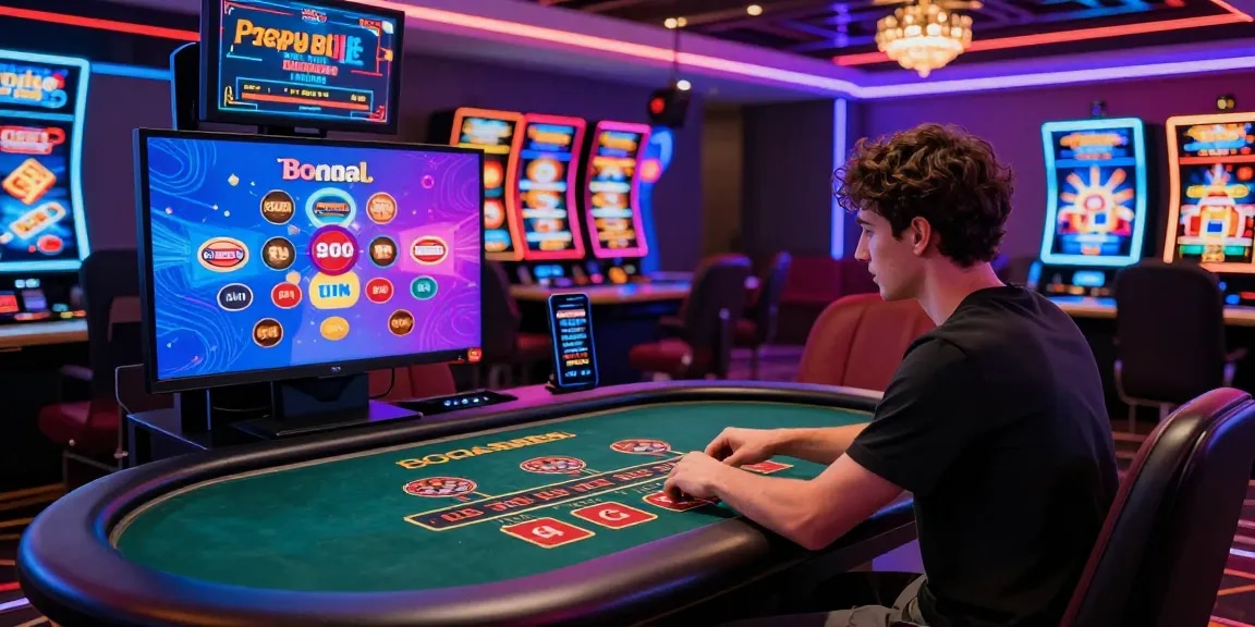 Configuration de jeu passionnante montrant un joueur animé s'engageant avec le casino en ligne argent réel sur plusieurs écrans.