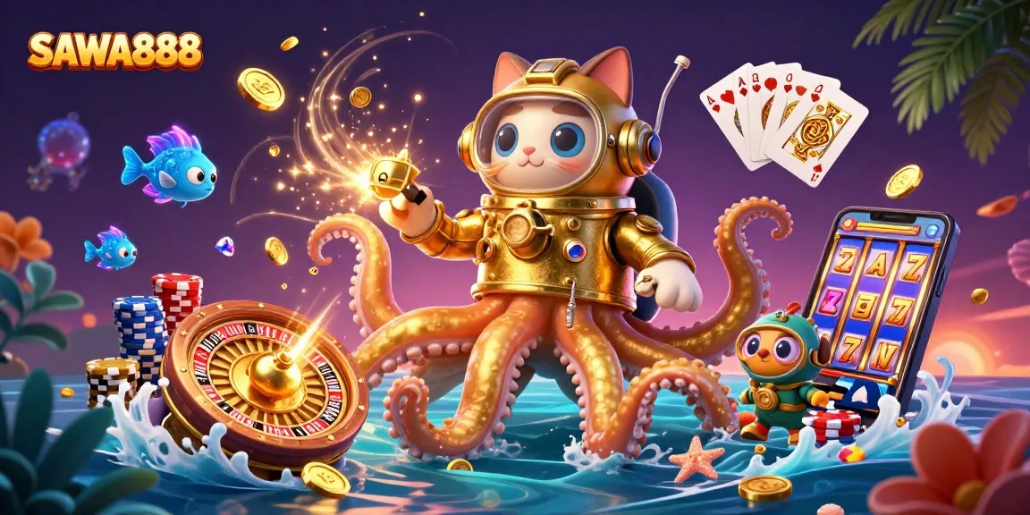 Experience the adventure with SAWA888 as the kraken reveals treasures in an exciting casino-themed scene.