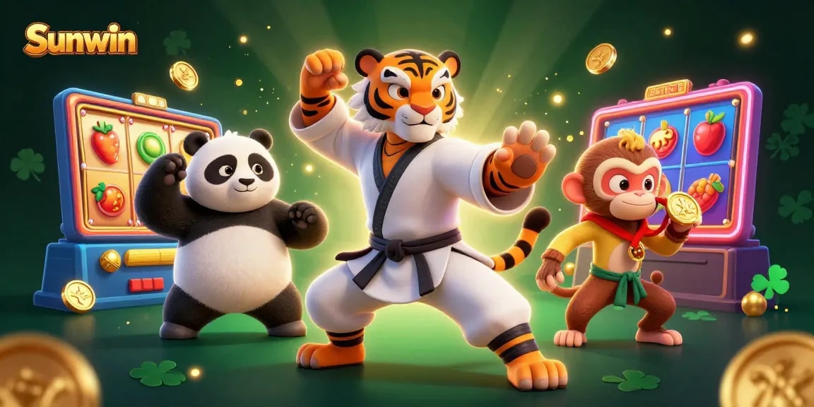 Experience thrilling wins with Sunwin's lively cartoon casino illustration filled with vibrant slot games.