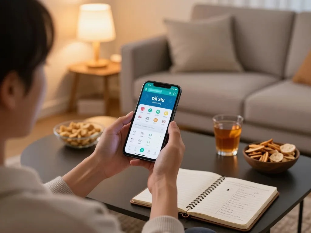 Tận hưởng trò chơi tài xỉu online trên điện thoại trong không gian thoải mái với ánh sáng ấm áp và thực phẩm nhẹ.