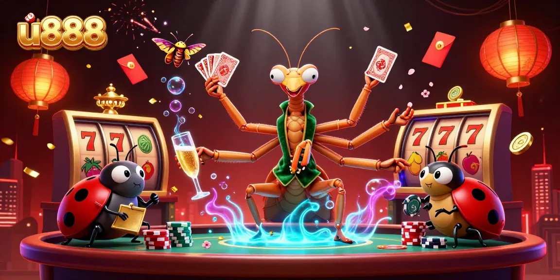 u888 showcases a dynamic casino scene featuring a giant mantis card sharp, a ladybug pit boss, and vibrant gaming elements.